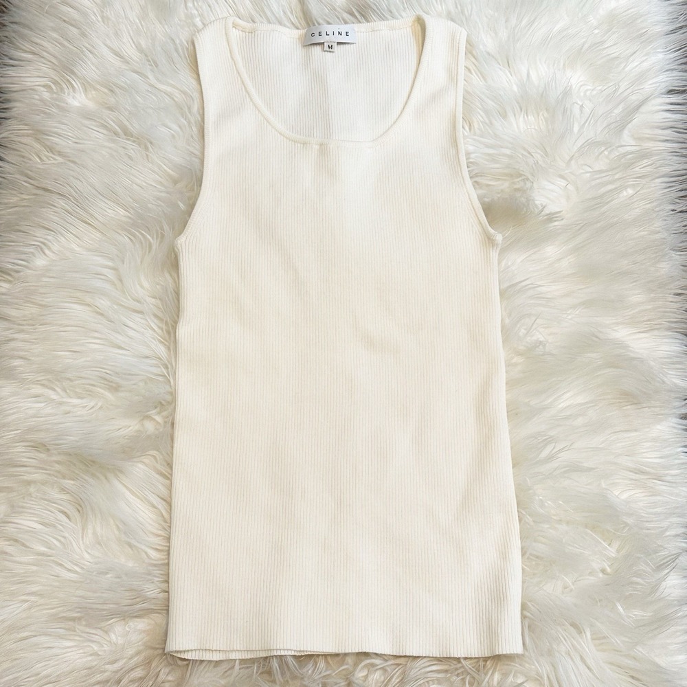 CELINE Paris Womens Off White Ribbed Knit Tank Top Wool Blend Sleeveless Size M